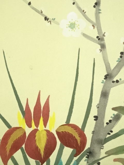 掛け軸 草風 『 四季花 』 絹本 希少 軸装 茶道具 掛軸 美品 です。 掛け軸 金子華春 『 四季花 』 絹本 希少 軸装 茶道具 掛軸 美品 です